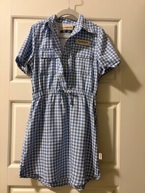 Magellan Outdoors Blue & White Gingham Drawstring Shirt Dress